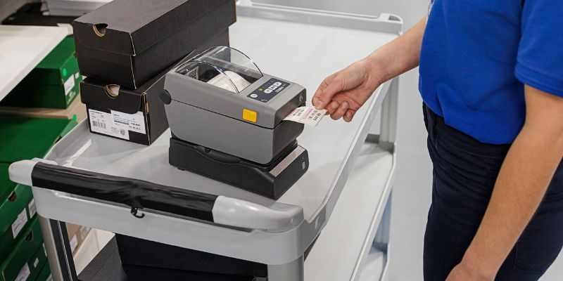 Imprimante de marque Zebra en cours d'impression d'étiquette